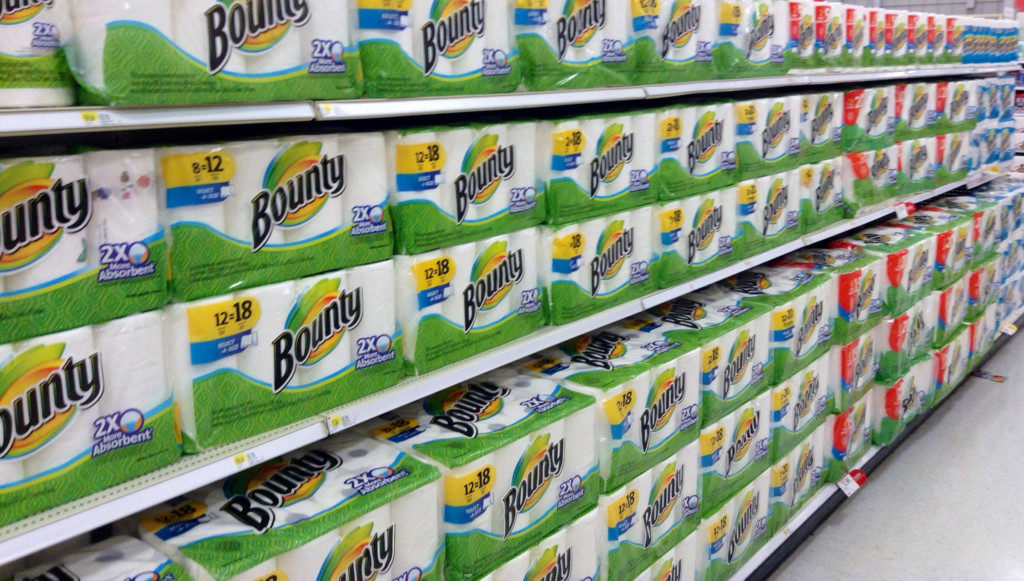 Shelves full of Bounty paper towels