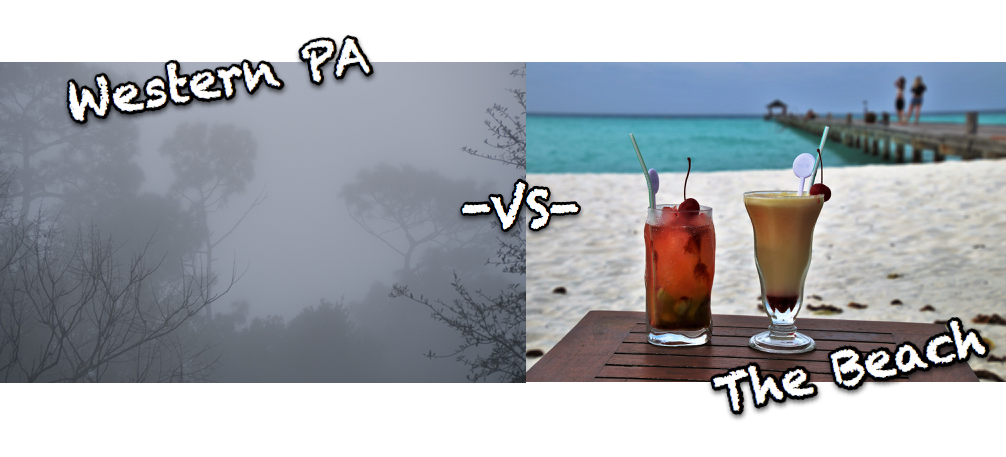Side by side of fog dreary trees and drinks on a table at the beach - text reads "western PA VS the beach"