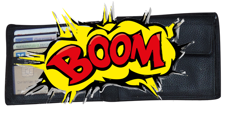An exploding wallet that says "BOOM"