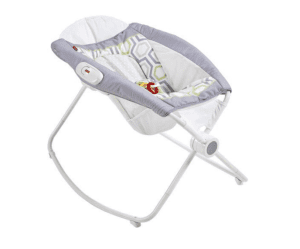 Baby rock and play sleep bassinet in gender neutral gray and green shades