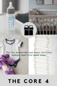 Four pane graphic with a gift in the center. Includes a baby bottle, crib, onesie, and disposable diapers. Titled "The Core 4."