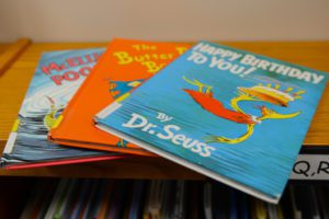 Close-up photo of three Dr. Suess books